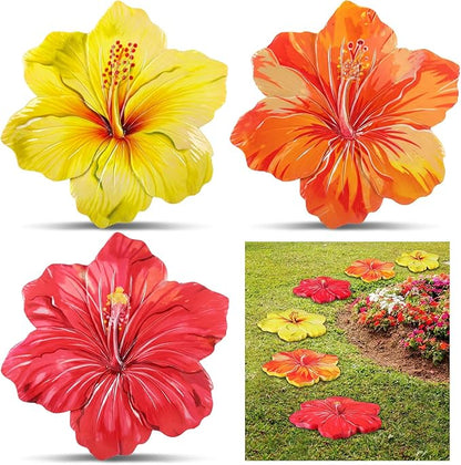 Cinnvoice 3 Pack Garden Stepping Stone Outdoor, Decorative Dimensional Resin Stepping Stones for Patio Pathway Landscaping Walkway Sculpture Yard Backyard Lawn(Hibiscus,10 Inches)