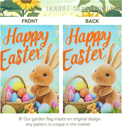 Happy Easter Bunny Garden Flag 12x18 Inch Double Sided Rabbits Colorful Eggs Yard Flags Spring Floral Small Flags for Outside Graden Home Decorations