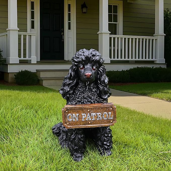 Poodle Garden Statue with Solar Lantern, Realistic Dog Sculpture, Birthday Gift for Women Mom Grandma, Housewarming Gift for New Home, Outdoor Resin Puppy Decor,Black