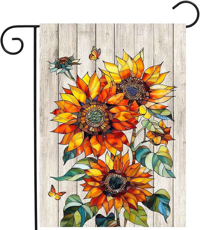 Stained Glass Sunflower Fall Garden Flag Autumn Flower Yard Signs for Outside 12x18 Double Sided Small Thanksgiving Monarch Butterfly Banner Outdoor Farmhouse Decorations