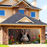 Easter Garage Door Banner Cover, Easter Bunny Colorful Eggs Spring Party Backdrop Decor, Garage Door Cover For Outdoor Yard Holiday Decoration (Cave Bunny)