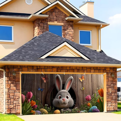 Easter Garage Door Banner Cover, Easter Bunny Colorful Eggs Spring Party Backdrop Decor, Garage Door Cover For Outdoor Yard Holiday Decoration (Cave Bunny)