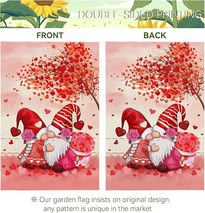 Gnomes Kiss Garden Flag 12 x 18 Inch Double Sided Valentine's Day Red Hearts Burlap Yard Flags Holiday Love Kiss Small Outdoor Flag Garden Decoration