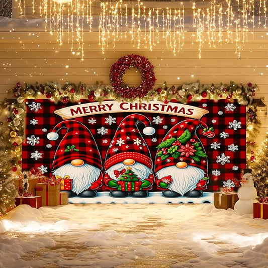 IVN Christmas Garage Door Cover Decoration 13x6ft Gnome Pattern Red Backdrop Gift Snowflakes and Stars Merry Christmas Garage Door Banner Home Door Front Yard Decor for Xmas Eve Holiday Outdoor
