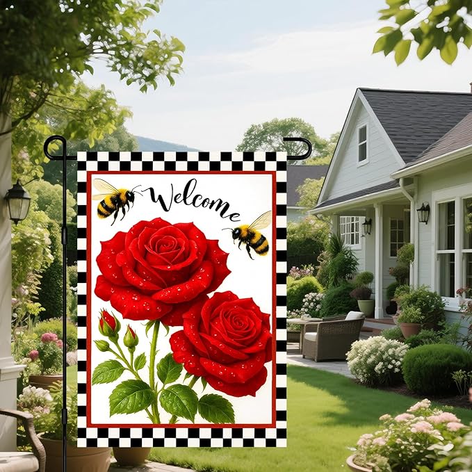 IVN Welcome Garden Flag 12x18 Inch Double Sided Spring Summer Garden Yard Flags Red Rose Flowers Bees Decorative Small Flags for Outdoor Seasonal Front Door Lawn Porch Patio Decor Yard Flag