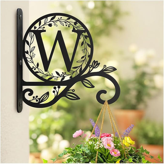 Metal Initial Letter W Plant Hanger Bracket, Decorative Wall Mount Hanging Plant Hook, Monogram Floral Leaf Garden Decor for Hanging Baskets, Bird Feeders, Lanterns, Wind Chimes