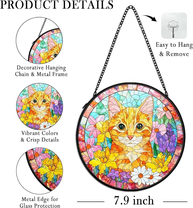 Orange Cat Suncatcher Stained Glass Window Hanging Decor Ornaments, Orange Tabby Cat Owner Memorial Sun Catchers Wall Art Gifts for Women, Floral Flower Garden Stained Glass Decor, 7.9x7.9In
