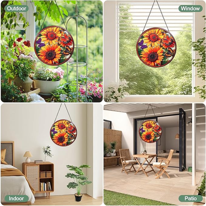 Sunflowers Stained Glass Window Hanging Suncatcher with Chain - 7.9" Outdoor/Indoor Art Decor for Home Garden, Wedding, Thanksgiving, Mother's, Valentine's & Christmas Ornaments Present