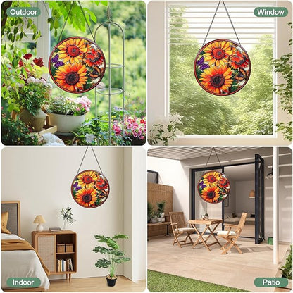 Sunflowers Stained Glass Window Hanging Suncatcher with Chain - 7.9" Outdoor/Indoor Art Decor for Home Garden, Wedding, Thanksgiving, Mother's, Valentine's & Christmas Ornaments Present