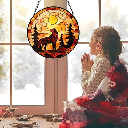 CHATYOUNG Stained Glass Window Hanging Orange Night Moon Wolf Trees Large 11.8" - Suncatcher Door Garden Sunroom Sun Catcher Home Decor Birthday Christmas for Mom Men Woman Nana Friend