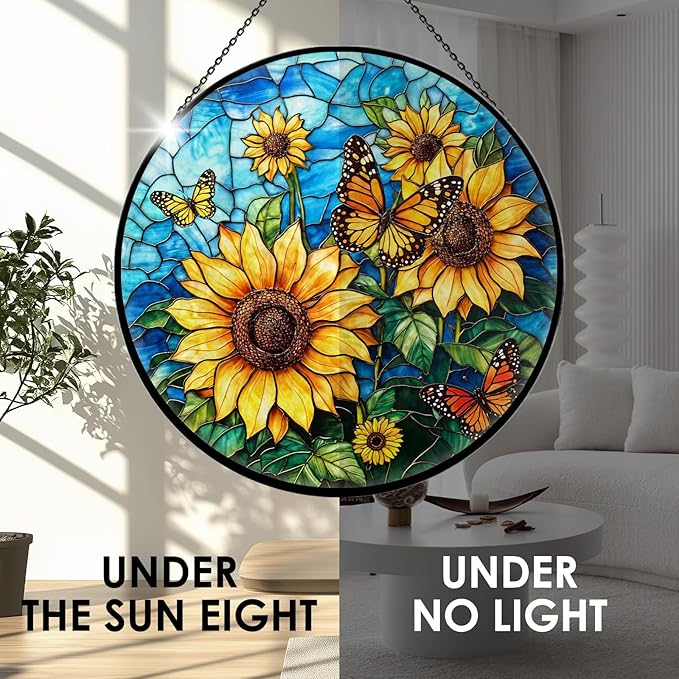 Sunflower Stained Glass Window Hanging, 7.9" Sunflower Sun Catcher Glass Panel with Chain, Sunflowers Hand Painted Round Wall Art Gifts for Women, Sunflowers Decor Christmas Housewarming Gift