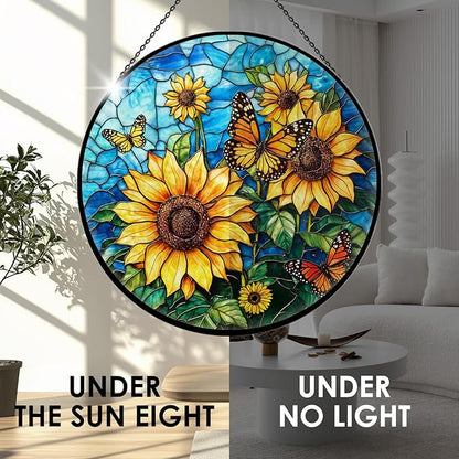 Sunflower Stained Glass Window Hanging, 7.9" Sunflower Sun Catcher Glass Panel with Chain, Sunflowers Hand Painted Round Wall Art Gifts for Women, Sunflowers Decor Christmas Housewarming Gift