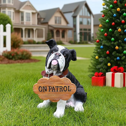 Outdoor English Bulldog Dog Statue with Interchangeable Welcome sign and Detachable Solar Lantern –LED Light Garden Dog Sculpture Décor Garden Statue Outdoor dog statue Cute Puppy Yard Porch Gift