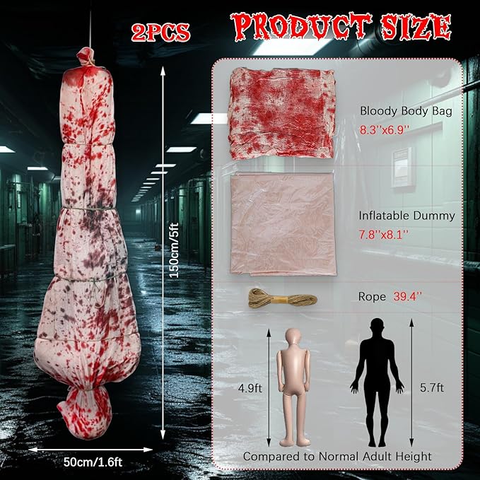 2PCS 5ft Halloween Decorations Scary Dead Victim Props, Hanging Corpse in Bag Body Bag Creepy Haunted House Decor Set, Halloween Outdoor Indoor Party Decorations (Assembly Needed)
