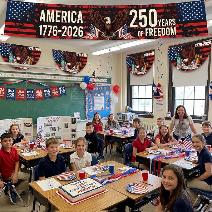 Chumia 5 Pcs 250th Anniversary Decorations Include 1776-2026 Patriotic Outdoor Hanging Bunting Fan Banners American Flag Fence Banner Fourth of July Independence Day Porch Yard Garden Decor
