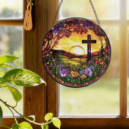 Cross Stained Glass Window Hanging, Christian Cross Wildflower Sunshine Landscape Suncatcher, Easter Sun Catchers Indoor Window Round Glass Wall Art Hanging Decorations, 7.9x7.9in