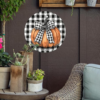Vintage Pumpkin Fall Round Metal Sign Pumpkin Thanksgiving Day Sign Farmhouse Rustic Wreath Wall Decoration for Indoor Outdoor Home Porch Window Decor 12 Inch