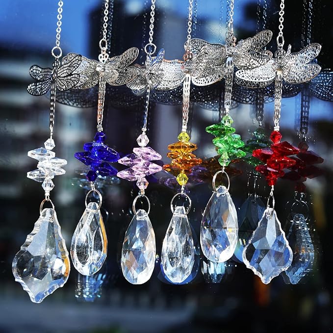 Dragonfly Crystal Prisms Bead Hanging Crystal for Windows Garden Wedding Christams Decor Rainbow Maker Mirror, Set of 6