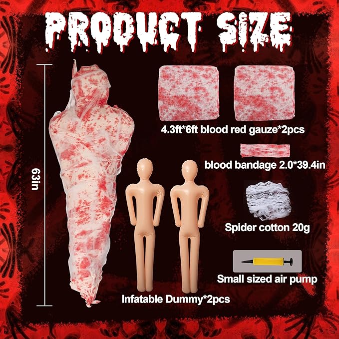 2 Sets Halloween Hanging Cocoon Corpse, 64'' Bloody Inflatable Cocoon Outdoor Decoration Set with Bandage, Scary Dead Body Prop Decor for Outdoor Halloween Party House Yard (Red)