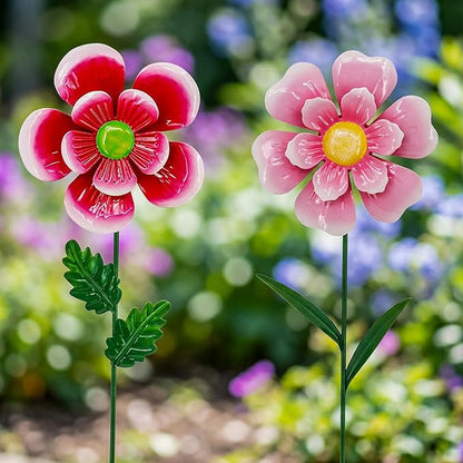 Garden Wind Spinner 2 Pack, Outdoor Metal Flower Stake Decor, Waterproof Kinetic Sculptures for Backyard Flower Bed, Spring Gardening Gifts for Mom (Red/Pink)