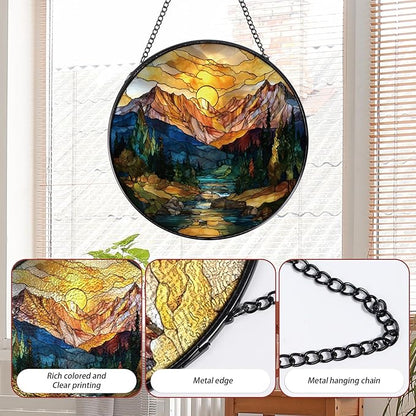 Rngmsi Sun Mountains Stained Glass Window Hanging, 7.8″ Sun Catchers with Hook Indoor Window Decor, Decorative Suncatchers Home Garden Art Gift for Thanksgiving Christmas Housewarming