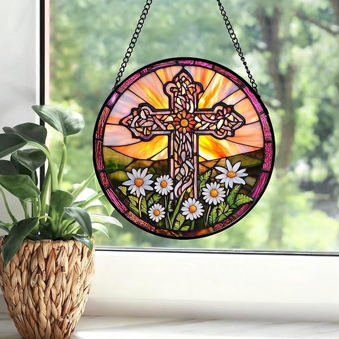 DASTOLL Christian Gifts for Women - Cross Stained Glass Window Hanging Jesus Easter White Daisy Flower Sun Catcher Garden Religion Decor Mother's Day Catholic Gift for Men Grandma Nana Her 15"