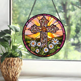 DASTOLL Christian Gifts for Women - Cross Stained Glass Window Hanging Jesus Easter White Daisy Flower Sun Catcher Garden Religion Decor Mother's Day Catholic Gift for Men Grandma Nana Her 9.8"