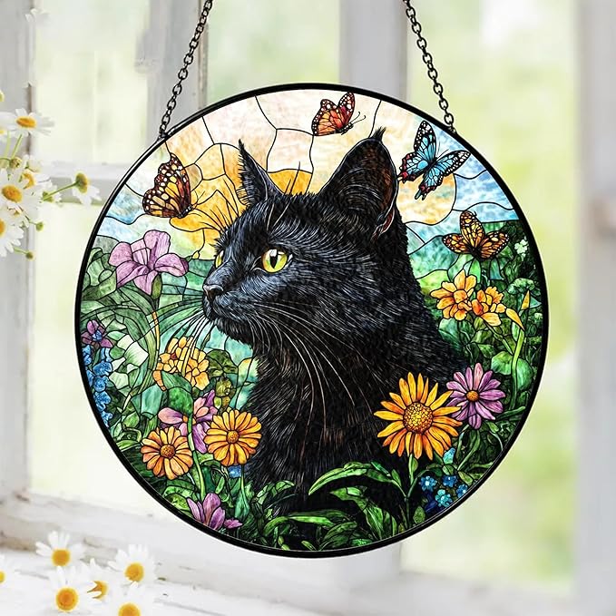 Black Cat Stained Glass Suncatcher – Floral Pet Memorial Window Hanging Decor, Sympathy Gift for Cat Owners, Home & Garden Decoration, Birthday, Christmas, for Women, Friends
