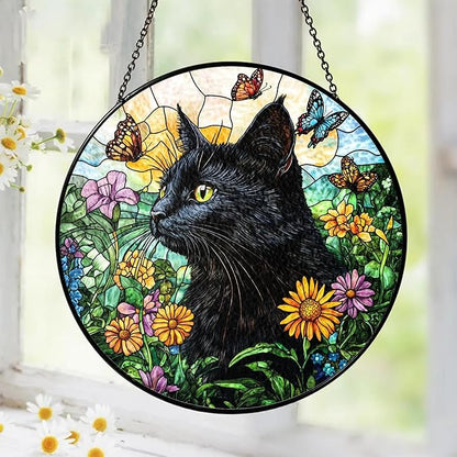 Black Cat Stained Glass Suncatcher – Floral Pet Memorial Window Hanging Decor, Sympathy Gift for Cat Owners, Home & Garden Decoration, Birthday, Christmas, for Women, Friends