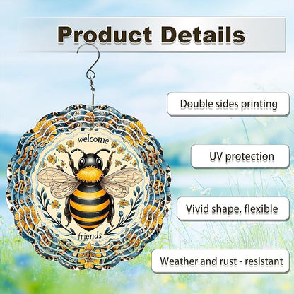 Bee Wind Spinners Outdoor, Hanging Wind Spinner for Garden Decoration, 8 inch 3D Stainless Steel Metal Wind Sculpture for Indoor/Outdoor Decor