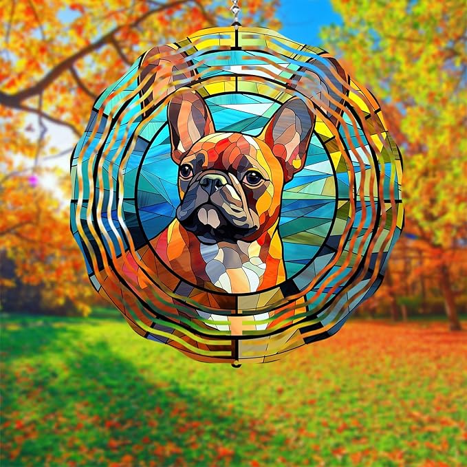 French Bulldog Wind Spinner Pet Dog Memorial Gifts, Vibrant 3D Kinetic Metal Hanging Outdoor Garden Decor, Frenchie Gifts for Dog Lovers, 8" Wind Sculptures for Patio, Porch, Yard Art (Frenchie 5)