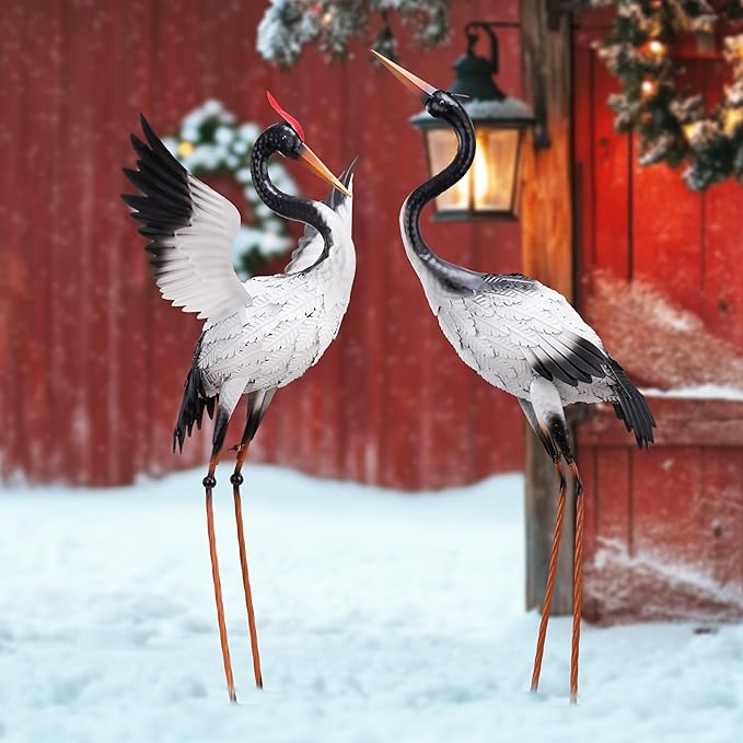 TERESA'S COLLECTIONS Yard Decorations Outdoor Garden Statues, White Metal Crane Yard Art, 33-39" Lawn Ornaments for Backyard,Outside Porch,Patio,Heron Decoy Bird Garden Decor,Set of 2,Gifts for Mom