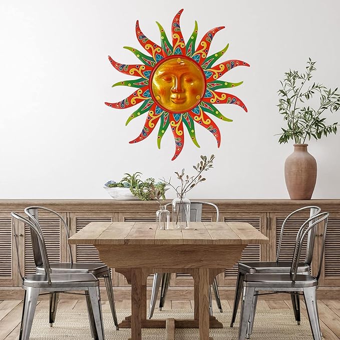 Metal Sun Wall Decor, 16 Inches, Colorful Sun Face Art Hanging for Indoor Outdoor Garden Farmhouse Yard Patio Fence Living Room Bedroom