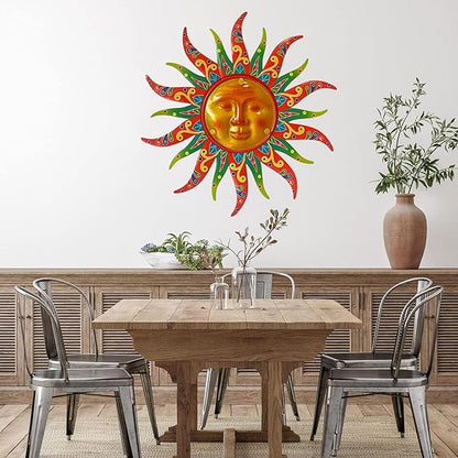 Metal Sun Wall Decor, 16 Inches, Colorful Sun Face Art Hanging for Indoor Outdoor Garden Farmhouse Yard Patio Fence Living Room Bedroom