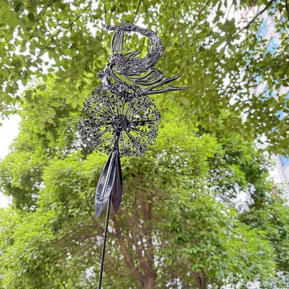 Flower Fairy Dancing with Dandelion Garden Sculpture,Angel Metal Ornaments Stainless Steel Statue Decorations,Wonderland Outdoor Yard Lawn Patio Stakes Sculptures Decor (B)