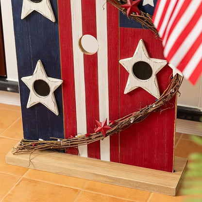 Glitzhome Patriotic Porch Sign, 4th of July Independence Day Welcome Sign, Wooden Birdhouse Design, 30" Farmhouse Rustic Porch Board for Memorial Day Front Door, Patio, and Yard Party Decor