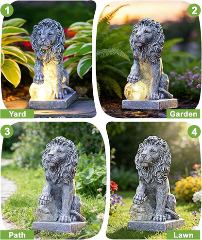 Nacome Guardian Lion Garden Decor: Outdoor Decoration Statue with Ball Lights for Yard Art Porch Patio Balcony - Unique Birthday Choice for Women Mom Lover(9.45in)