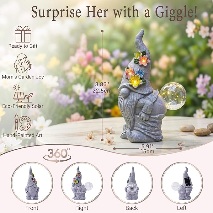 Solar Funny Garden Gnome Statue: Outdoor Sculpture Lights for Yard Lawn Porch Balcony Patio Home Decor - Mothers Day Gifts for Mom Women Grandma