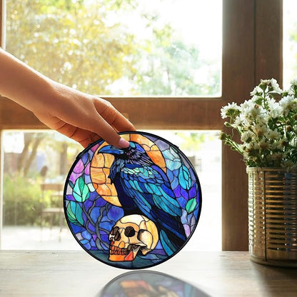 TNUW Black Raven Halloween Stained Glass Window Hanging, Gothic Skull Black Crow Sun Catchers Indoor Window Glass Round Wall Art Decor, Halloween Wall Hanging Decorations, 7.9＂x7.9＂