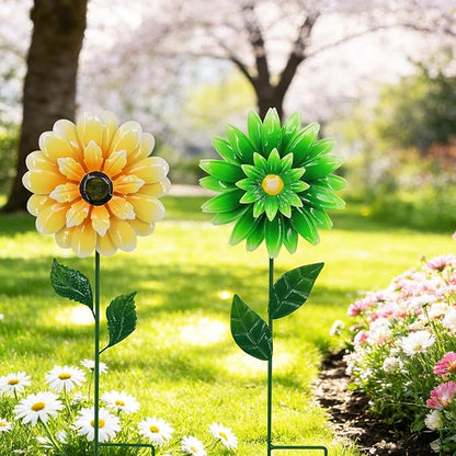 Metal Retro Flower Wind Spinner Art, Guangxie Yard Decorations Outdoor - 2 Pack for Outdoor, Patio, Backyard and Flower Bed Spring Decor (Yellow & Green)