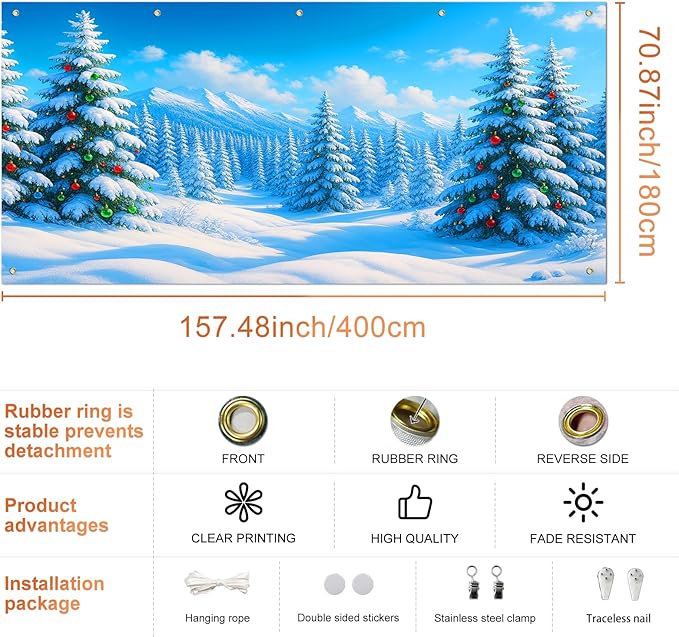 IVN Christmas Garage Door Cover Decoration 13x6ft Snow Covered Pine Trees Blue Mountain Forest Scene Merry Christmas Winter Garage Door Banner Home Door Front Yard Decor for Xmas Eve Holiday Outdoor
