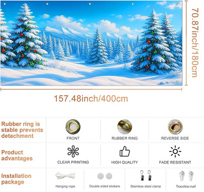 IVN Christmas Garage Door Cover Decoration 13x6ft Snow Covered Pine Trees Blue Mountain Forest Scene Merry Christmas Winter Garage Door Banner Home Door Front Yard Decor for Xmas Eve Holiday Outdoor