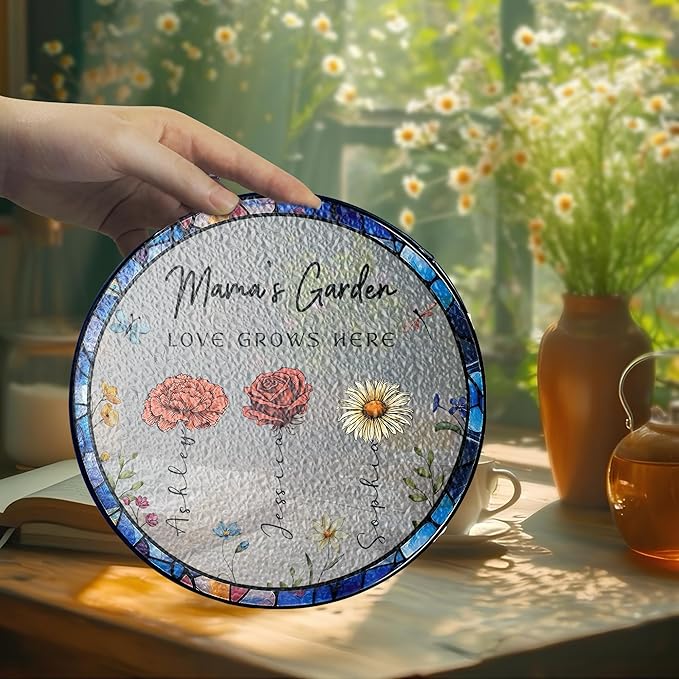 NAZENTI Custom Family Birth Flowers Glass Suncatcher, Personalized Stained Glass Window Hanging Suncatcher with Kids Name, Gifts for Mother's Day, Personalized Mom Flower Garden