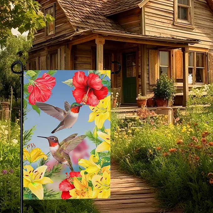 Hummingbird Garden Flags Red Flower Hibiscus and Yellow Lilies Yard Flag Wedding Anniversary Polyester Floral House Banners Double Sided for Spring Summer Party Outdoor Decor 12 x 18 Inch