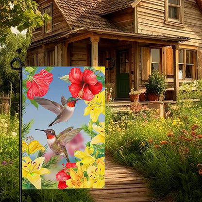 Hummingbird Garden Flags Red Flower Hibiscus and Yellow Lilies Yard Flag Wedding Anniversary Polyester Floral House Banners Double Sided for Spring Summer Party Outdoor Decor 12 x 18 Inch