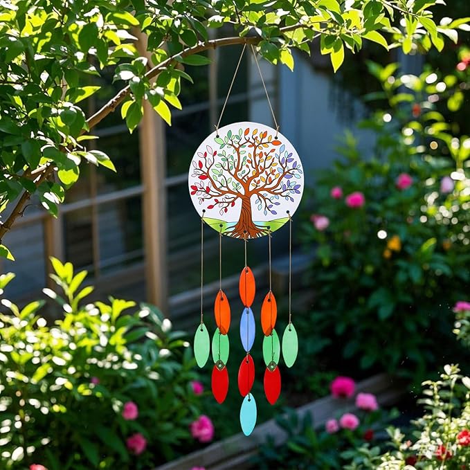 Tree of Life Glass Wind Chimes for Outside, Fall Leaves Windchimes Outdoors Unique Suncatcher, Small Sea Glass Art Wind Chimes Outdoor Gifts for Women, Hanging Outdoor Garden Christmas Decoration Gift