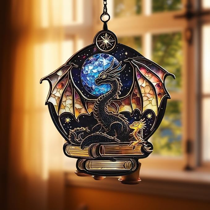 Dragon and Book Acrylic Suncatcher, Book Suncatchers for Window Hangings, Bookish Gifts for Readers Book Lovers Bookworm, Gift for Mother's Day, Women, Mom, Wife, Grandma