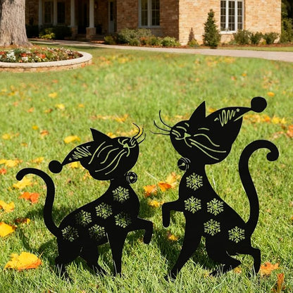 Metal Funny Cat Garden Decor for Outside (2 Pack), 14" Yard Art Stakes,Unique Gift for Kitty Lovers, Outdoor Lawn Statues and Weather Resistant Yard Art