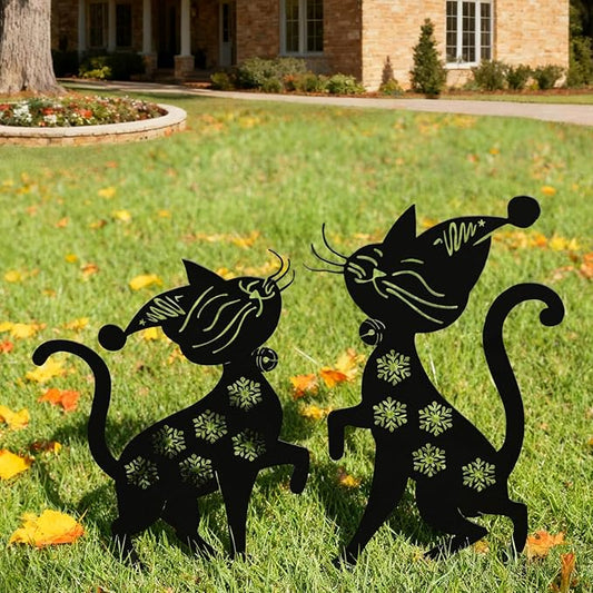 Metal Funny Cat Garden Decor for Outside (2 Pack), 14" Yard Art Stakes,Unique Gift for Kitty Lovers, Outdoor Lawn Statues and Weather Resistant Yard Art