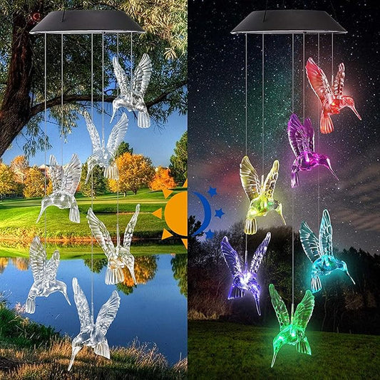 TDA Solar Wind Chimes Light Outdoor Changing Color Decorative Mobile Portable for Patio Walkway Pathway Backyard Landscape Decoration (Transparent Hummingbird)